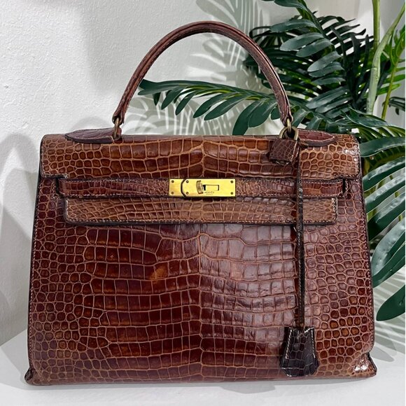 Hermes Handbags - Hermes Vintage 60s Shiny Brown Crocodile Kelly Sellier 32